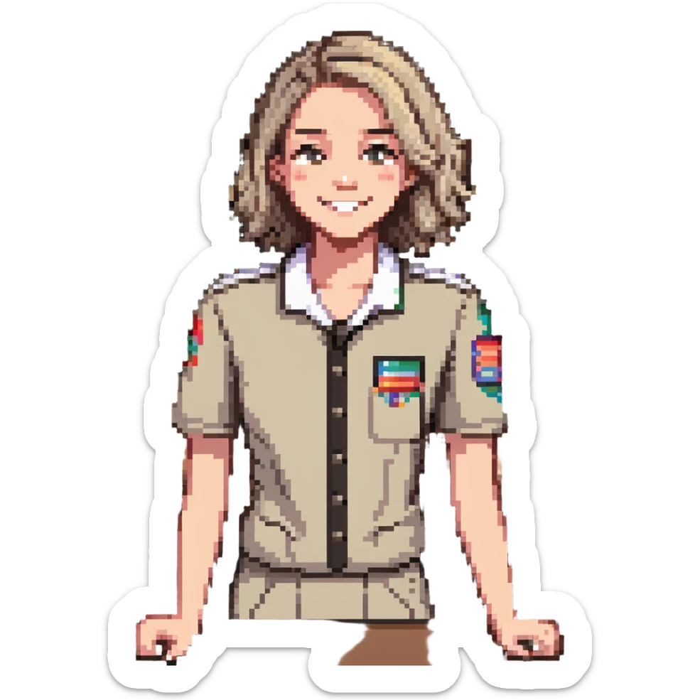 Gender-neutral cashier with shoulder-length hair, standing behind a cashier desk, smiling, wearing a neutral-colored uniform sticker