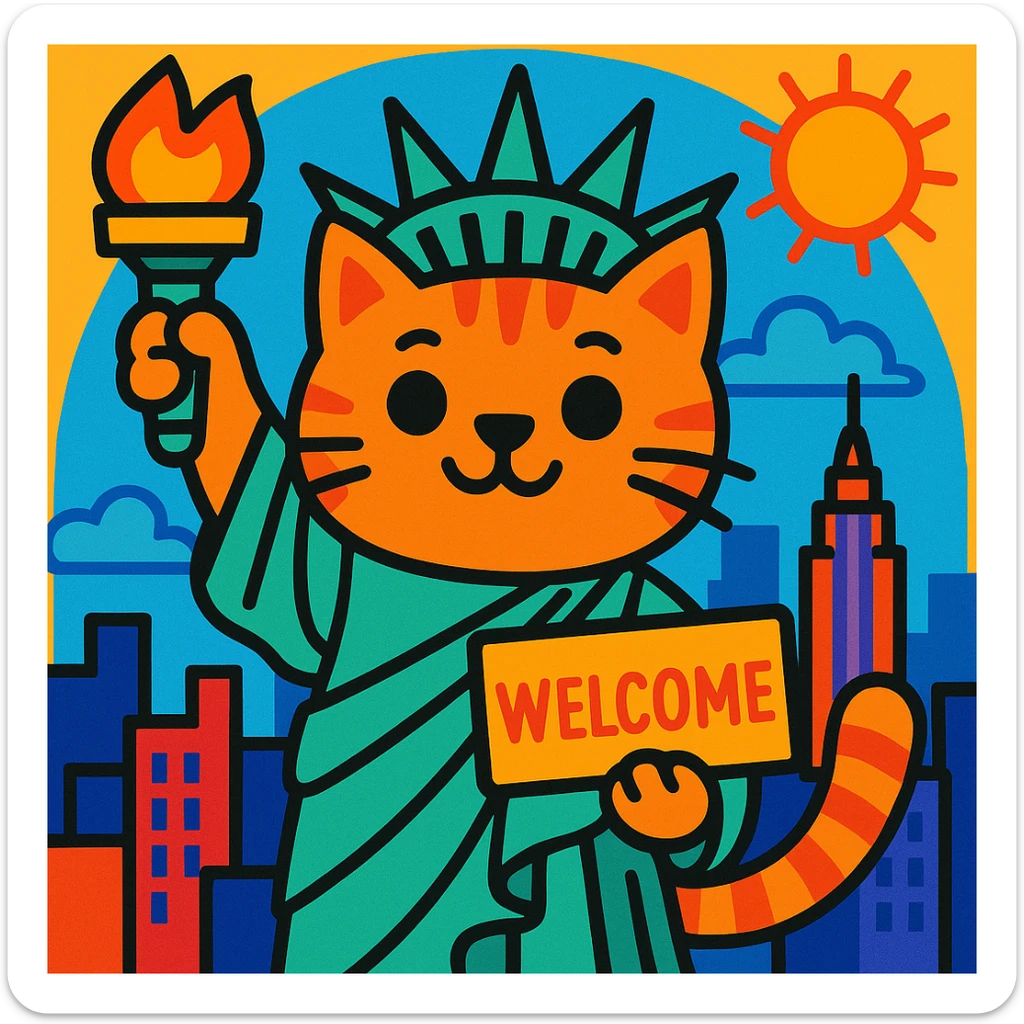 A cat dressed as the Statue of Liberty holding a welcome sign, New York themed, playful and colorful, vibrant toon illustration sticker
