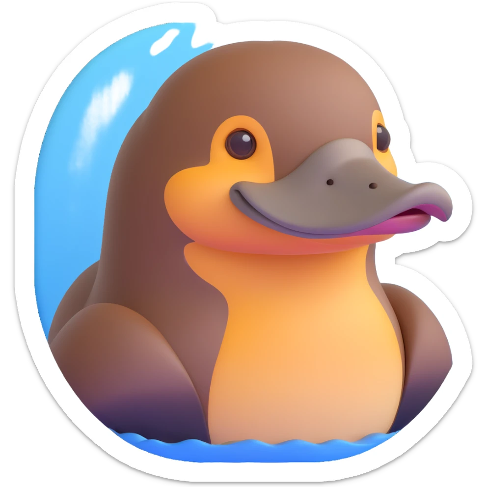 Noble platypus portrait, calm and composed, sleek build with velvety brown fur, distinctive duck-bill, observant hazel eyes, sophisticated features, soft serene glow, intelligent and enigmatic, ancient uniqueness sticker