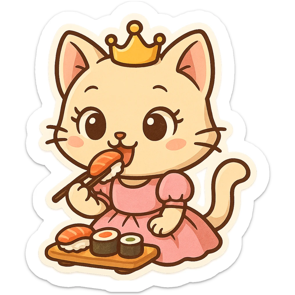 princess cat eating sushi, cartoon style, big eyes, playful, pink dress, whimsical sticker