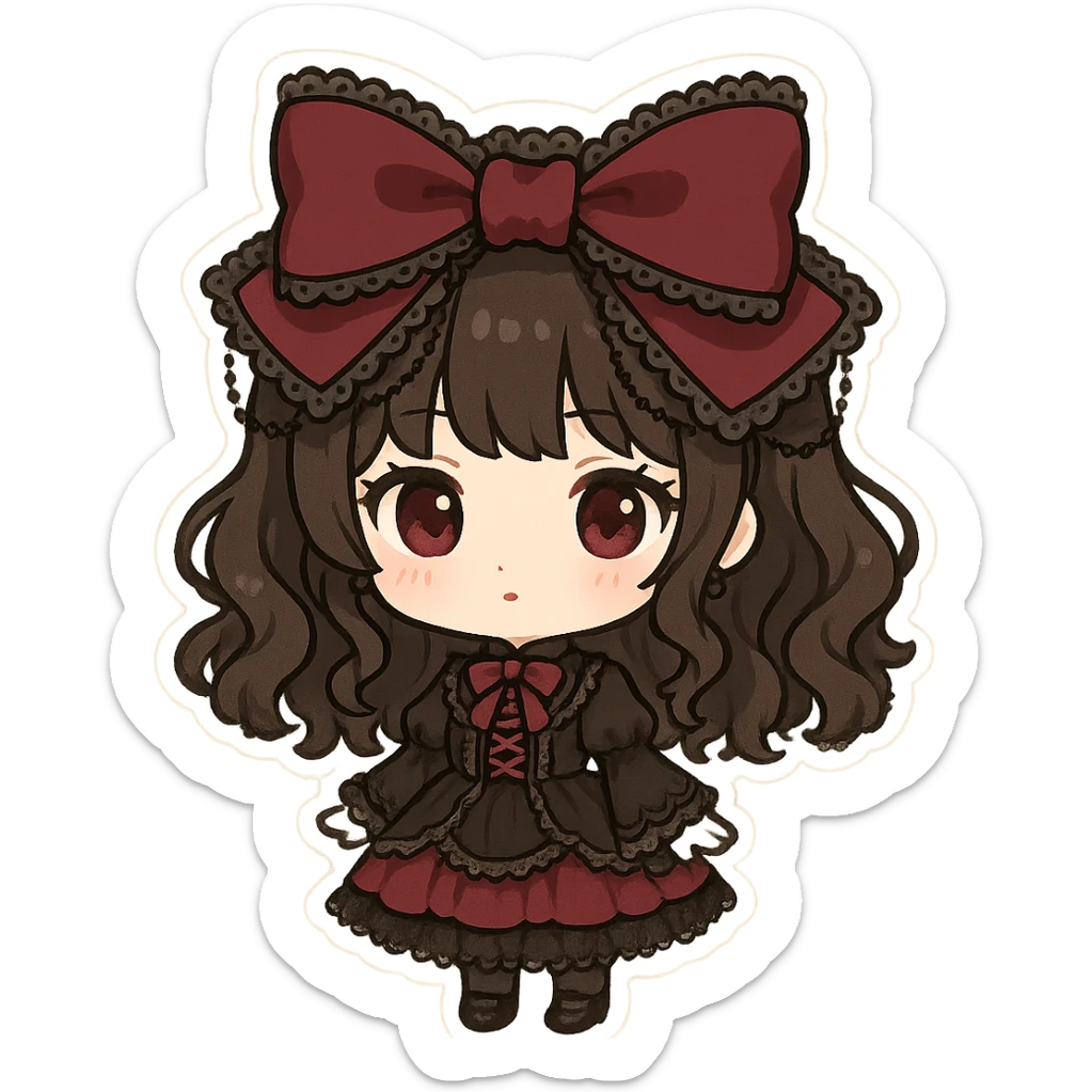gothic lolita bow, ornate lace, black and crimson, delicate chains, Victorian influence, chibi style sticker