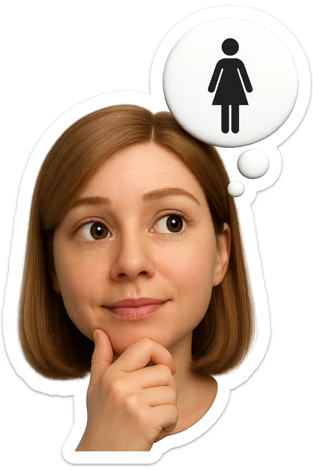 emoji stile iphone di una donna con nuvoletta di pensiero con all'interno la toilet per donne, iperrealistico 4k sticker