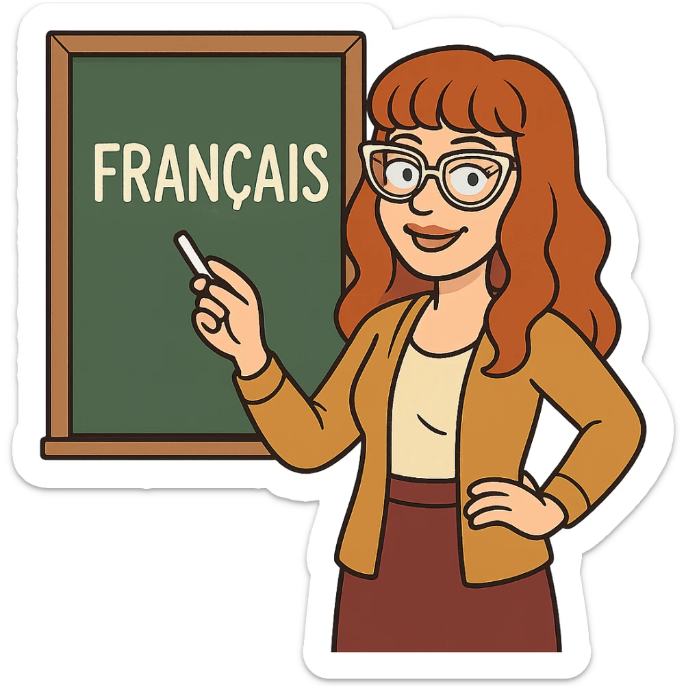 bitmoji cartoon, redhead woman, long wavy hair, bangs, cat-eye clear-framed glasses, blue eyes, French teacher, standing by a chalkboard sticker