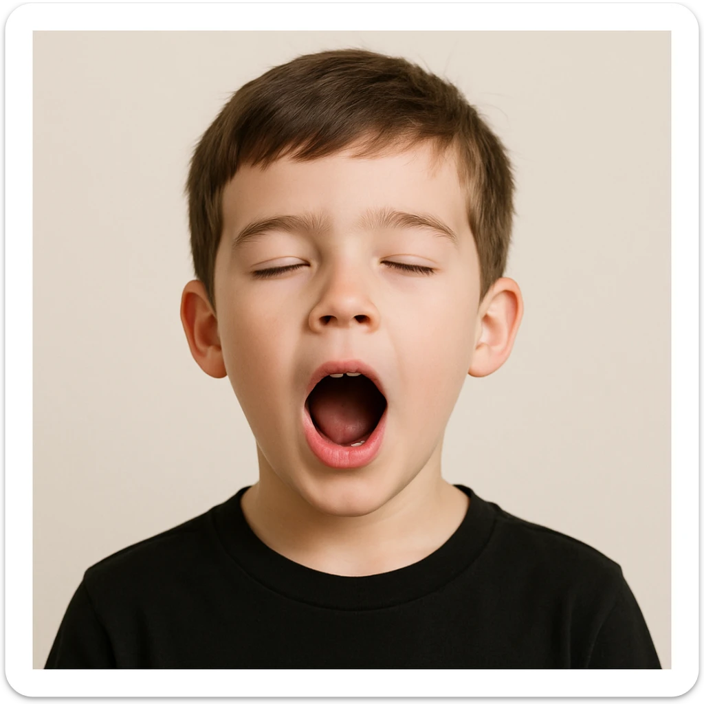 front image of a white boy with brown hair, semi-closed eyes, wide open mouth, black shirt, simple clean style, clear facial features sticker