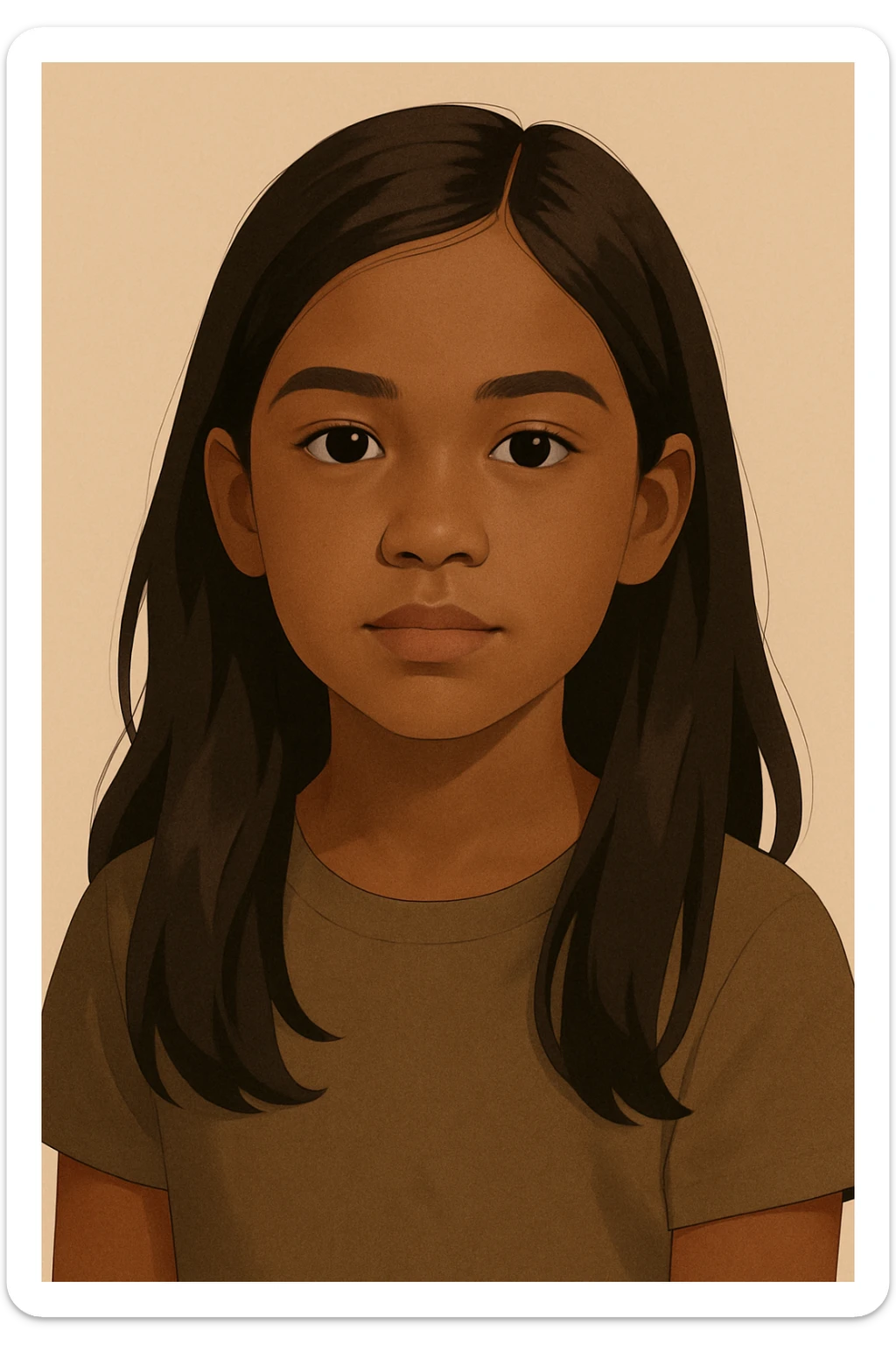 brown-skinned girl with long brown hair and black eyes, simplified realistic style sticker