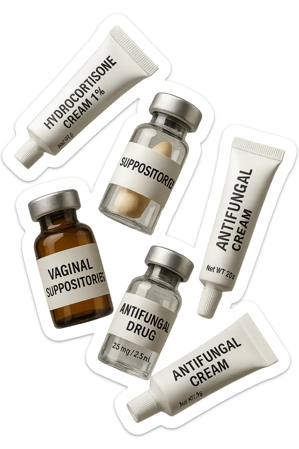 boccette di farmaci fluttuano in aria: creme, ovuli o antimicotici, IPERREALISTICO 4K sticker