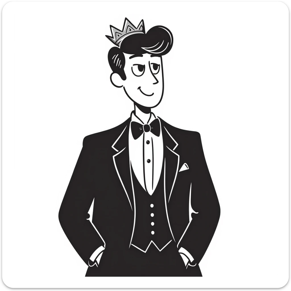 a princess man, elegant and regal, wearing a crown and royal attire, hand drawn doodle style sticker