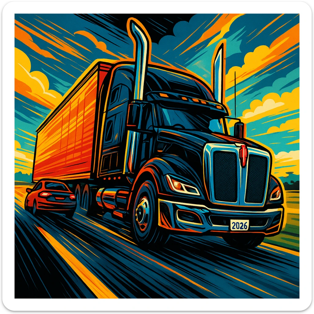 Edit the image of a 2026 Kenworth W680 sleeper semi truck, black with chrome exhaust stacks, driving down the road with a car in front. Render in a dramatic and cartoonish style with dynamic angle, bold colors, and clear details in the scene. sticker