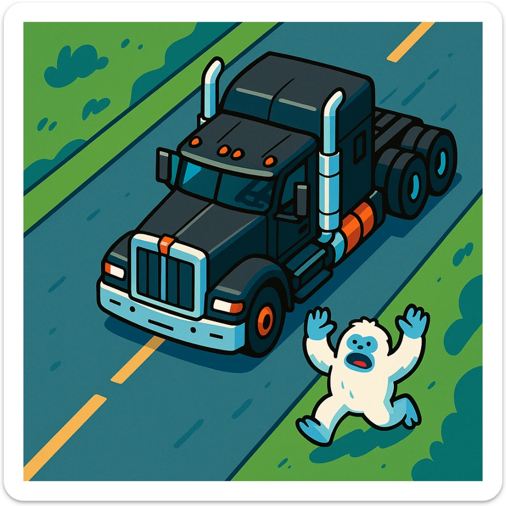 top-down view of a black 2026 Kenworth W680 flat top semi sleeper truck with tall chrome stacks chasing a much smaller abominable snowman down a road, vibrant toon style, clear details, no text sticker
