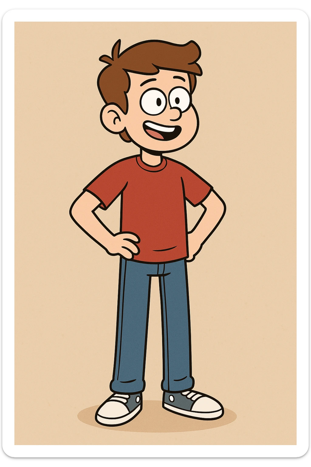 A boy lights brown hair sleeves with Red t-shirts blue jeans white shoes sticker