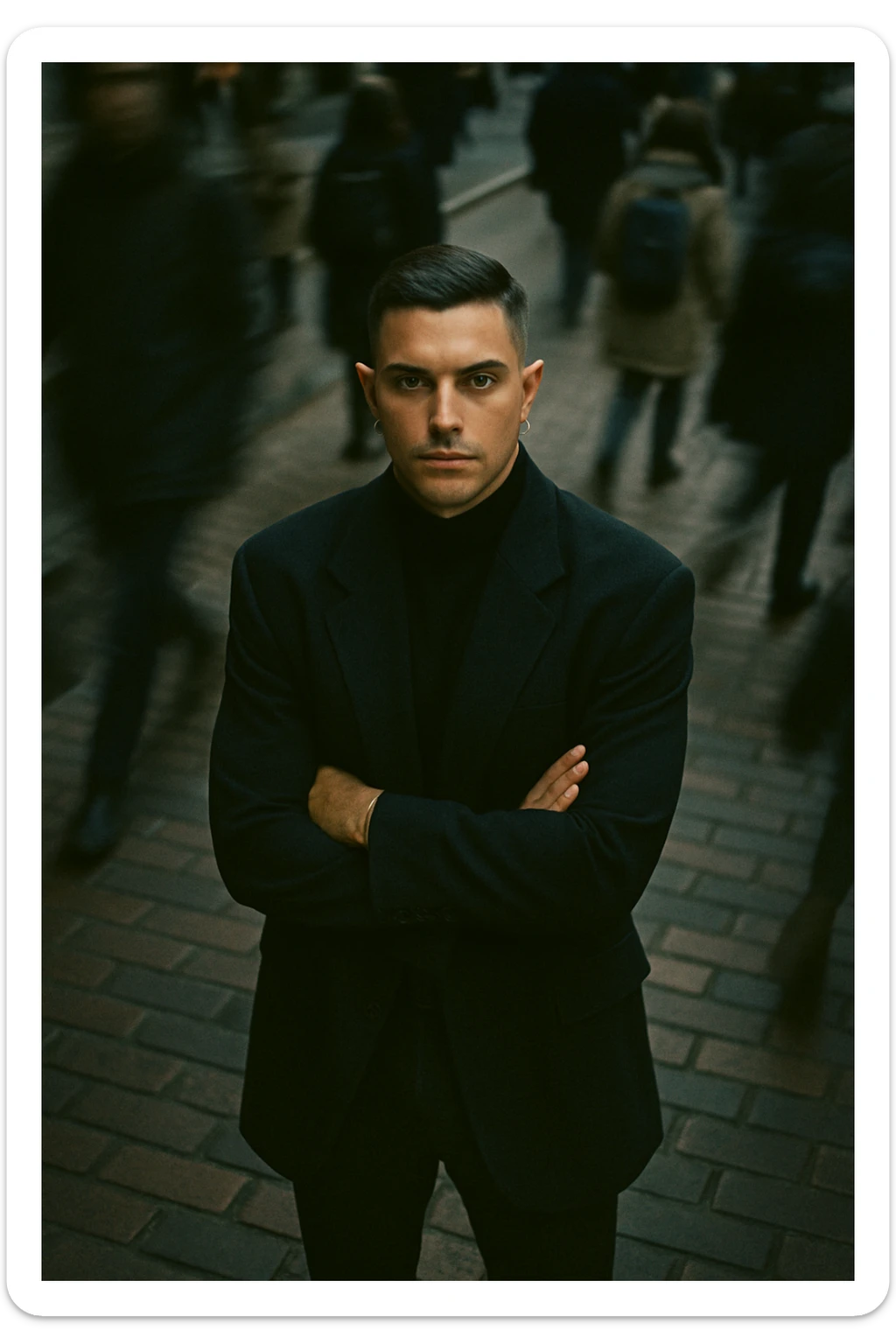 overhead shot of me standing still on a brick city sidewalk, wearing a dark oversized blazer,
motion-blurred crowd rushes past around me. Moody lighting, 35mm film look, shallow depth of field, sharp focus on me. sticker