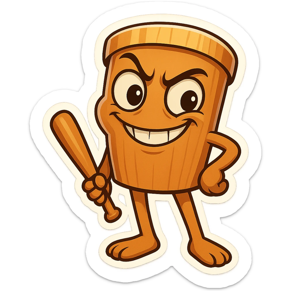 chibi emoji of Tun Tun Suhoor, wooden stick body with smooth brown texture, drum-like cylindrical body, holding baseball bat, cartoon style, bright vivid colors, expressive face, dynamic pose, a bit creepy yet funny,  sticker
