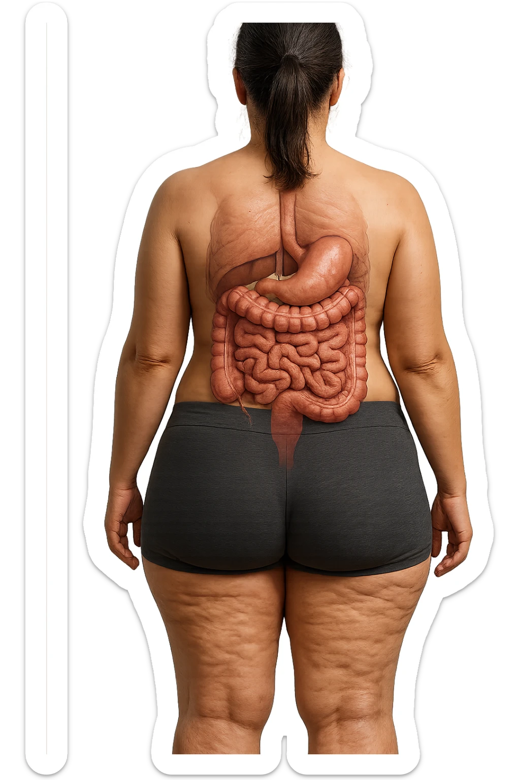 una donna di spalle a figura intera in gym shorts con cellulite e intestino umano anatomico, iperrealistica 4k
 sticker