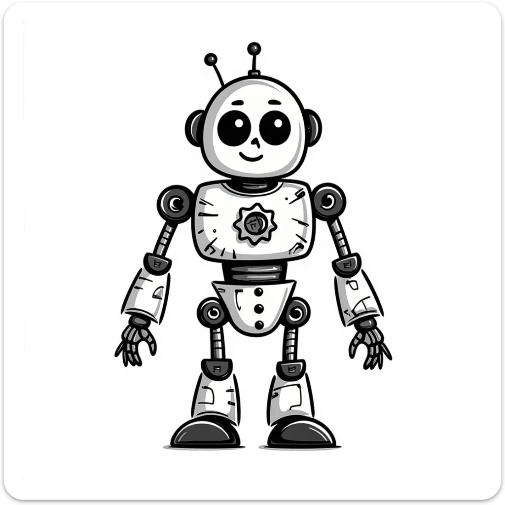 A detailed robot in the style of a black and white doodle, with intricate line work and a hand-drawn feel. sticker