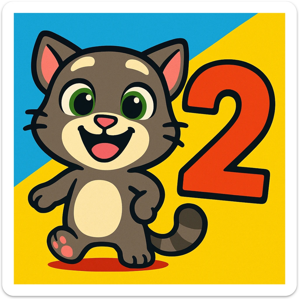 icon in style of My Talking Tom Friends 2, smiling cartoon cat and bold number 2, vibrant colors, rounded shapes sticker