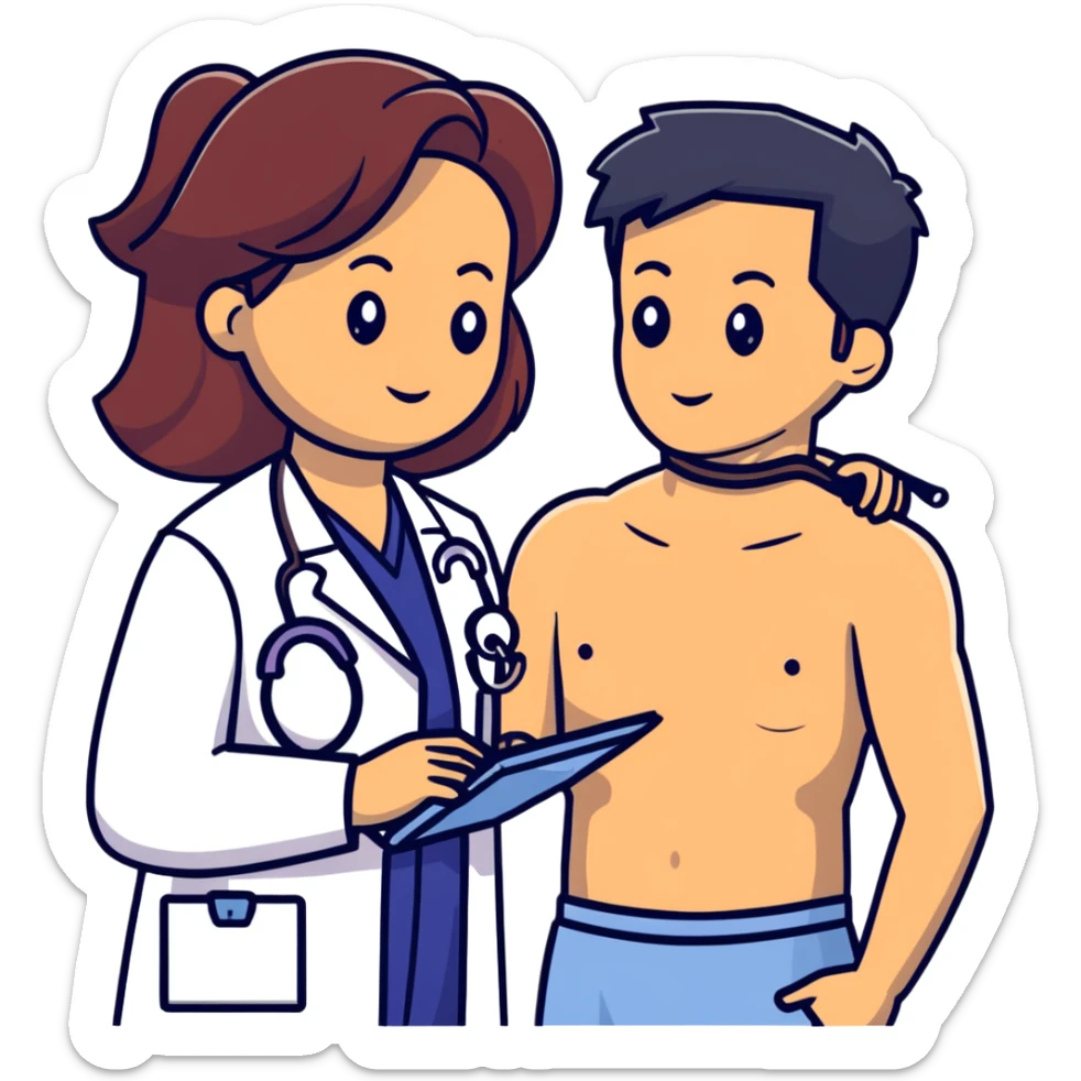 Professional female physician examining male patient's chest with stethoscope during routine medical check-up, patient sitting shirtless sticker