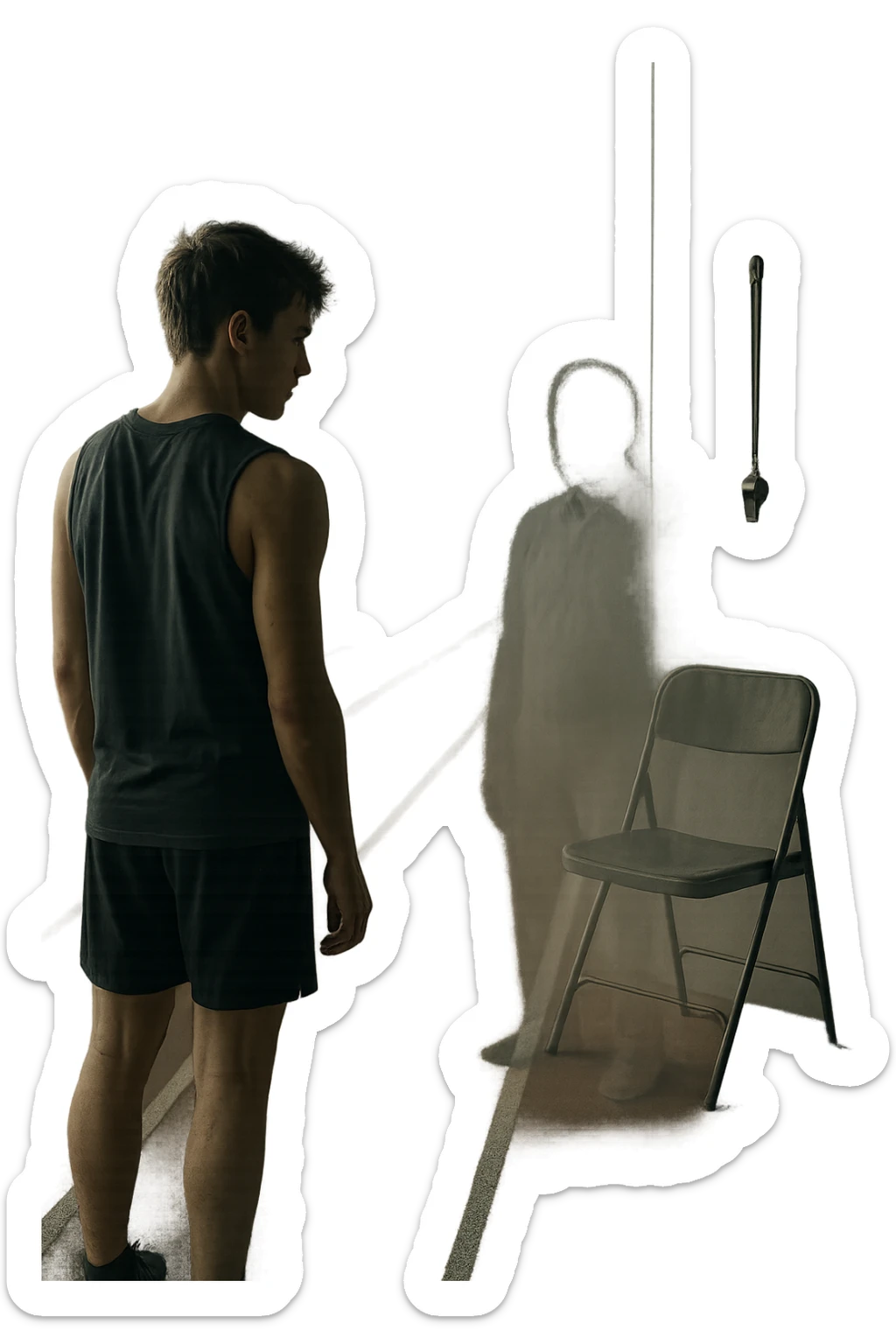 cinematic a person stands alone on a running track or in a fitness studio, glancing toward an empty coach’s chair or whistle hanging on a hook. The absence of the coach is emphasized by a faint, transparent silhouette or shadow where the coach should be. The atmosphere is quiet and a bit disheartened. sticker