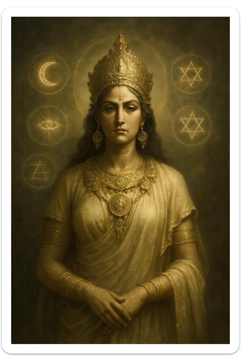 goddess, ancient, regal, gold jewelry, mystical symbols, divine presence sticker
