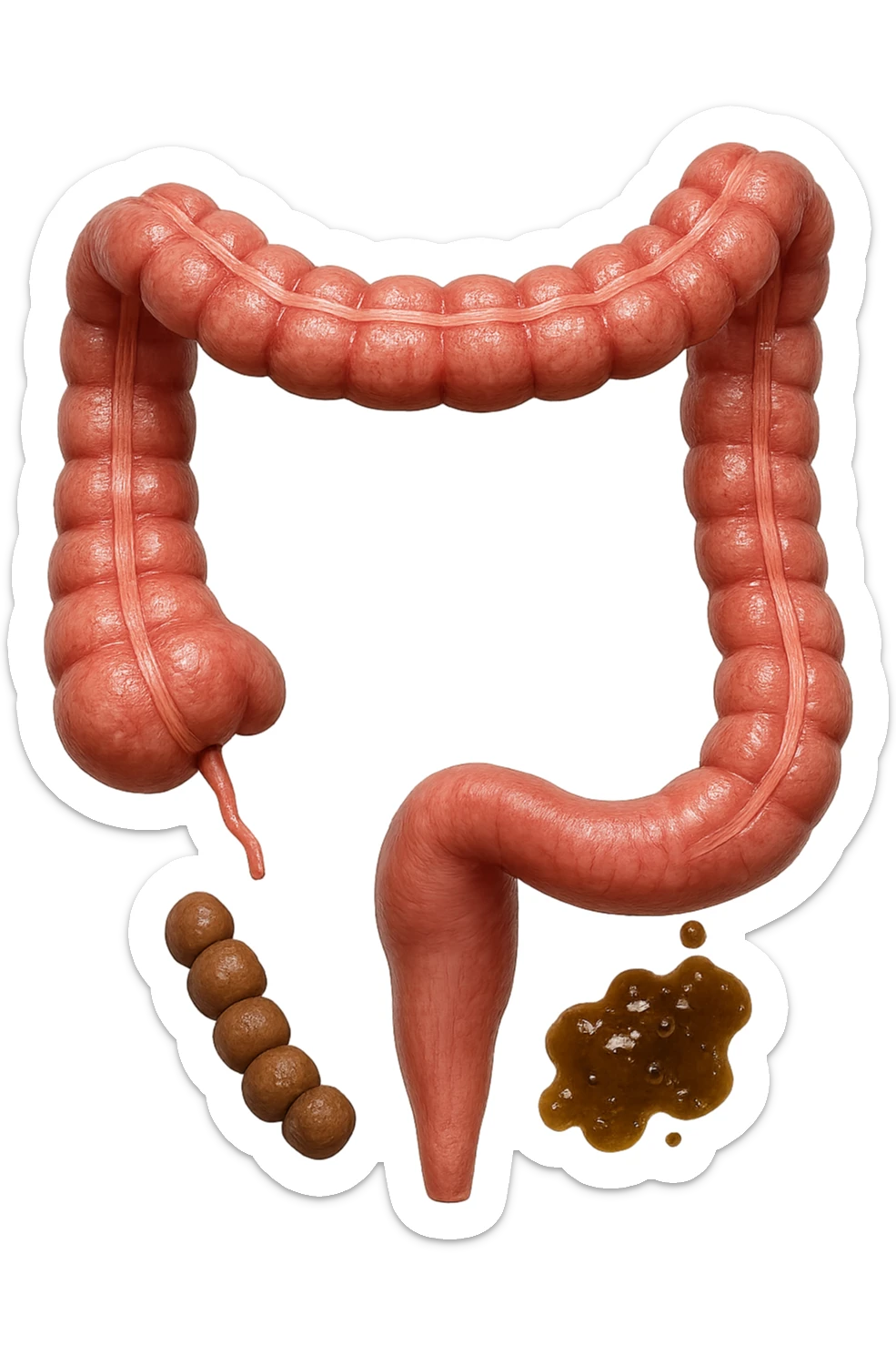 INTESTINO UMANO ANATOMICO REALISTICO CON FECI A PALLINE E FECI LIQUIDE CHE FLUTTUANO DIETRO BEN DISTINTE, IPERREALISTICO 4K sticker