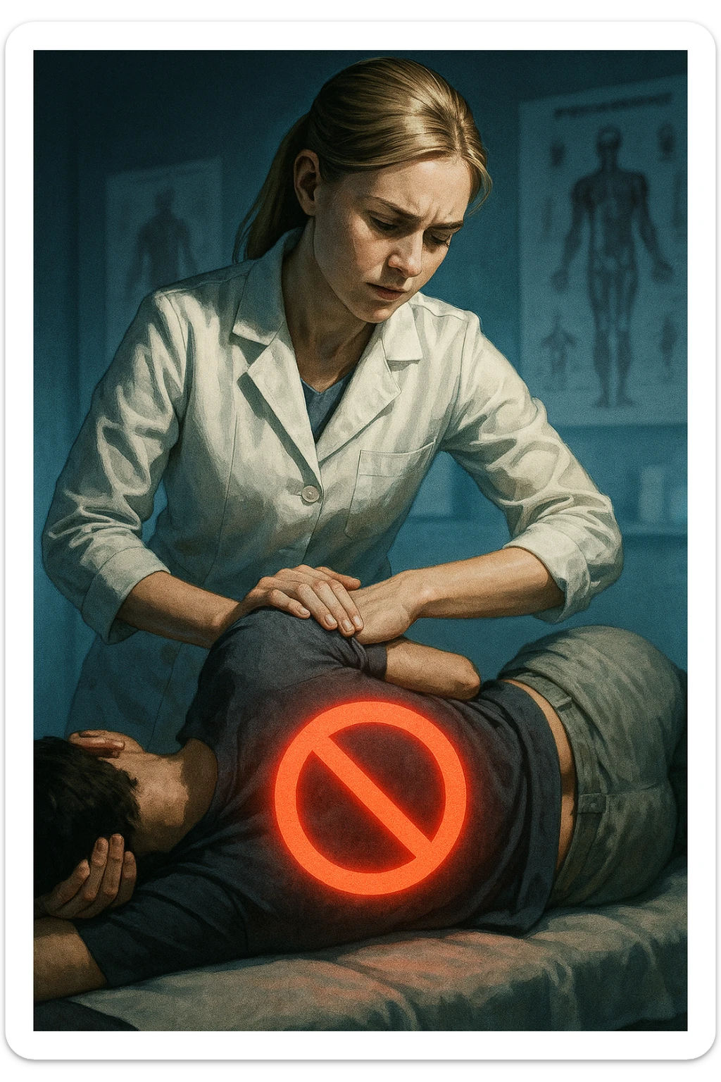 cinematic vertical medical illustration of young female osteopath with fair skin and straight blonde hair in ponytail wearing crisp white coat performing lumbar rotation manipulation on patient lying on side, vivid glowing red prohibition sign superimposed over patient's lower back indicating technique not suitable for postural asymmetry, softly blurred modern clinic background with anatomical posters and subtle blue lighting, dramatic high contrast filmic editorial style emphasizing warning sticker