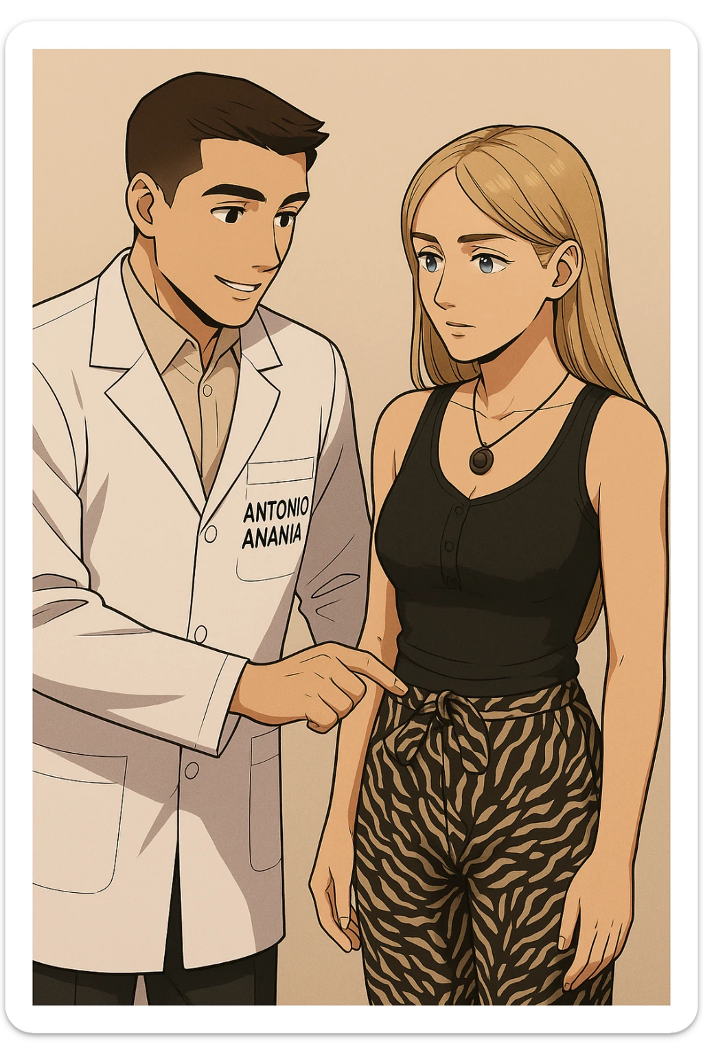 fai un webtoon/manga a colori con questo kinesiologo in camice bianco (fagli la scritta "ANTONIO ANANIA" SUL CAMICE) CHE PARLA CON QUESTA RAGAZZA CON GLI OCCHI AZZURRI. IL KINESIOLOGO CON IL CAMICE BIANCO LE TOCCA LA PANCIA CON UN DITO DOVE C'è L'INTESTINO. NON FARE I FUMETTI, FAI SOLO LORO COME SE DIALOGASSERO sticker