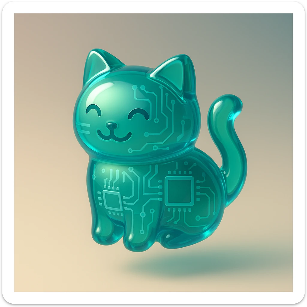 Windows Vista-inspired icon of a cat, with glossy glass-like finish, soft lighting, blue-green color scheme, friendly modern look fitting seamlessly with Vista system icons sticker