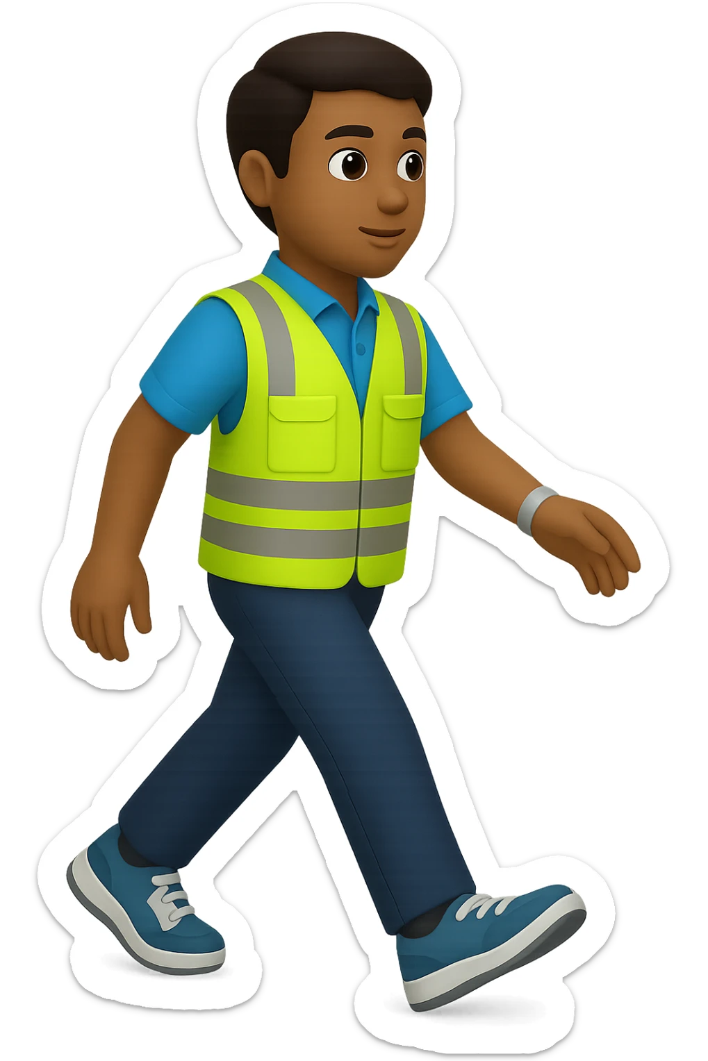 Edit the image to depict a full-body person walking, wearing a high-visibility vest, no hard hat, wearing trainers, in the style of apple emojis, with no background (transparent). sticker