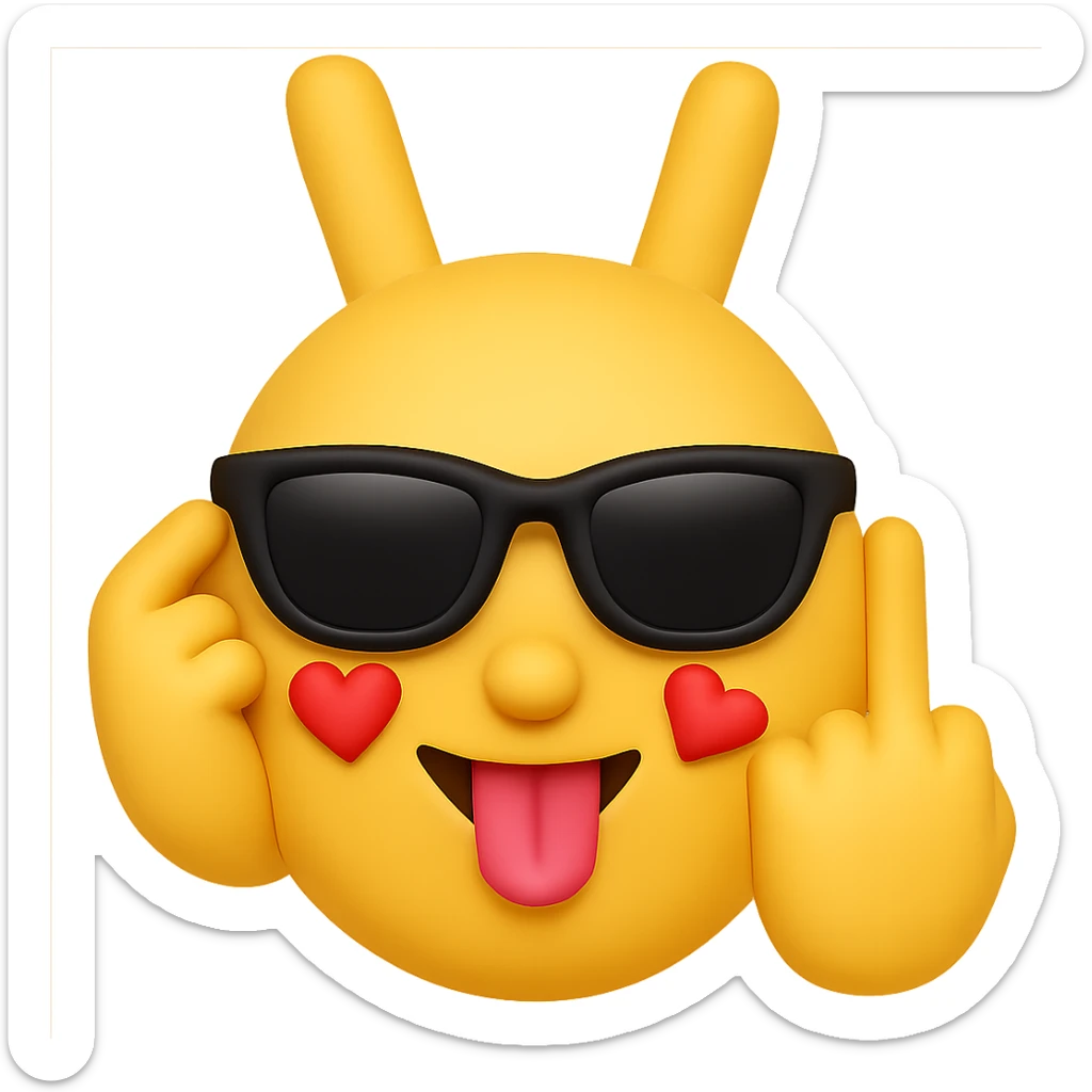 Add sunglasses to the emoji with heart eyes and a middle finger. Keep the background transparent. Maintain the emoji style and expression as in the reference image. sticker