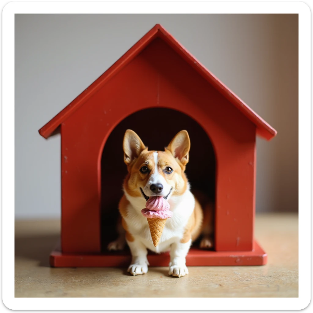 realistic red dog house with a Corgi dog inside, Corgi with a ice cream, photorealistic style sticker