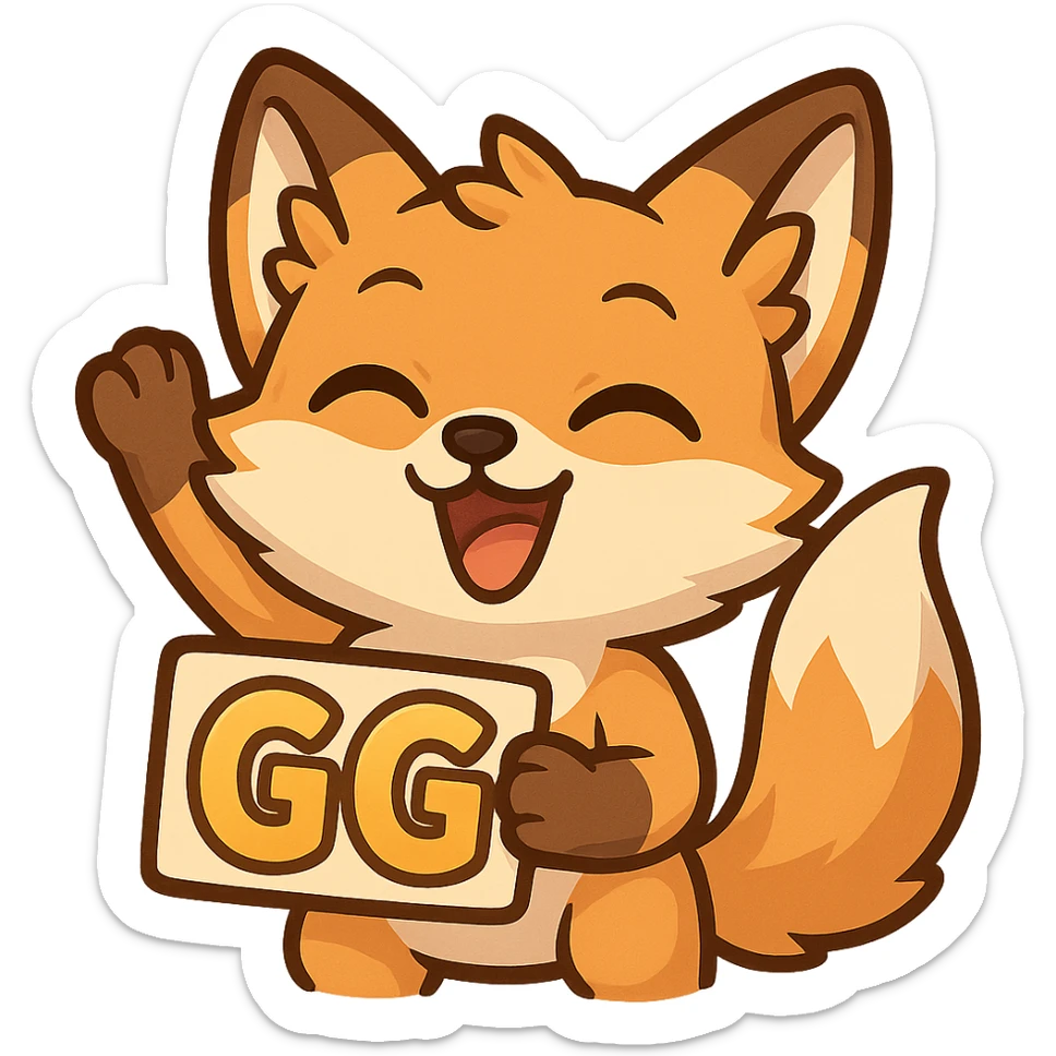 playful and cheerful fox emote for twitch saying GG (good game), joyful and lively sticker