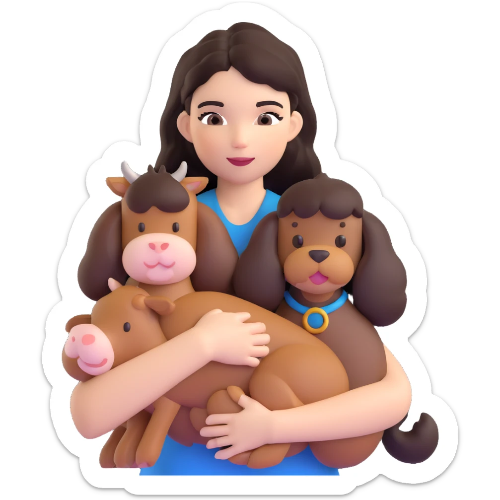Kendall Jenner with long dark hair holding a brown poodle and a cow cat in her arms sticker