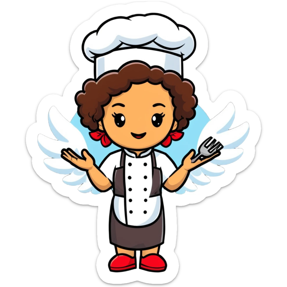 Mixed-race female chef with medium-length curly brown hair, wearing a chef's hat (toque), with both an angel halo and devil horns on her head sticker