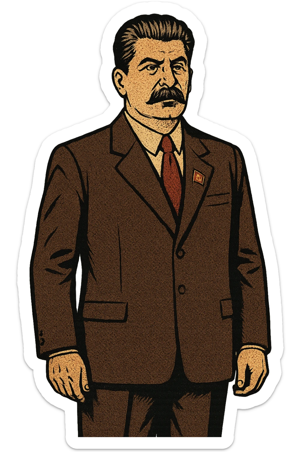 A full body image of a political leader who looks like Joseph Stalin and  who is wearing a suite with a badge of the communist party on his jacket.  He will be looking serious sticker