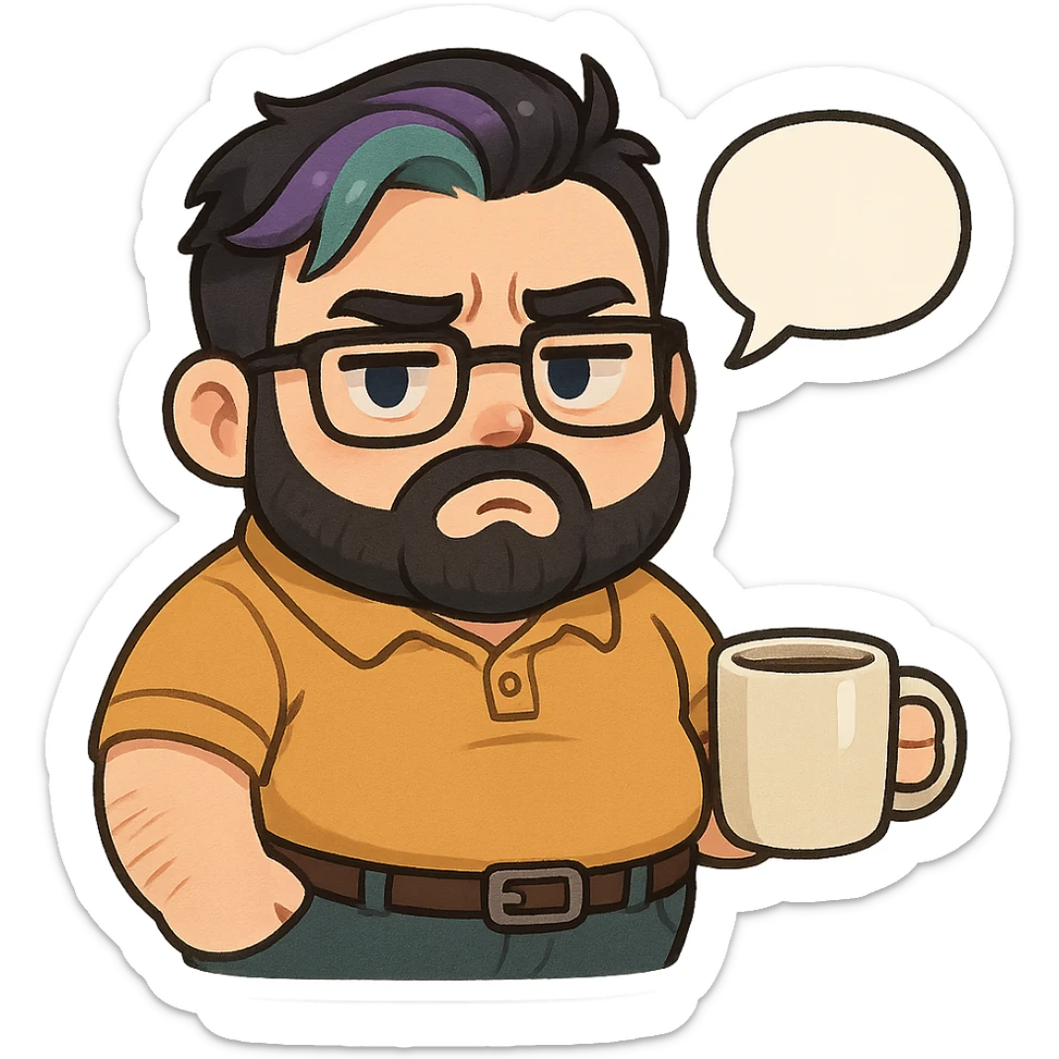 A realism art illustration art style of handsome plus-size man with black hair and a purple to green ombre streak, black beard, blue eye, glasses, dressed like a dad, holding a coffee mug, blank speech bubble, frowning  sticker