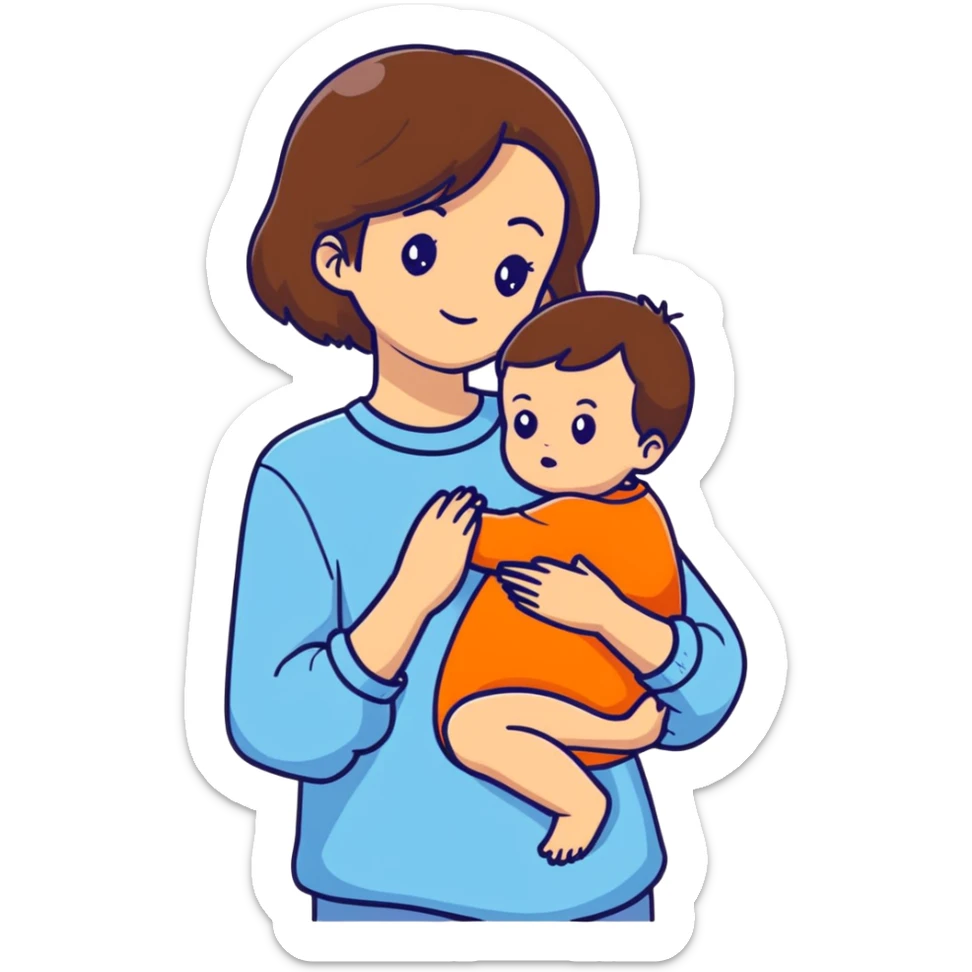 brunette girl with brown hair wearing pastel blue clothes holding a baby sticker