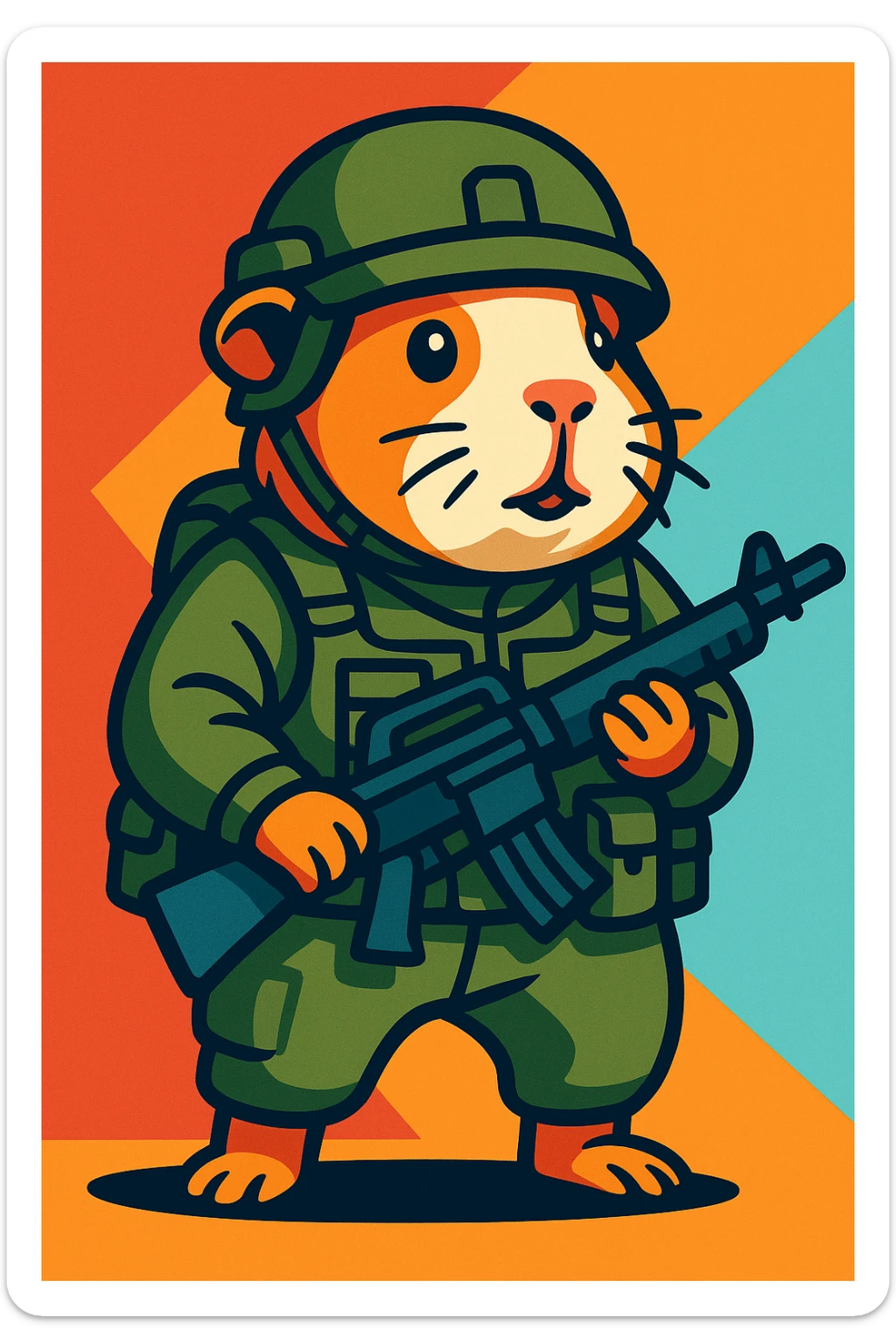 guinea pig with military gear and rifle, full body, detailed cartoon illustration sticker