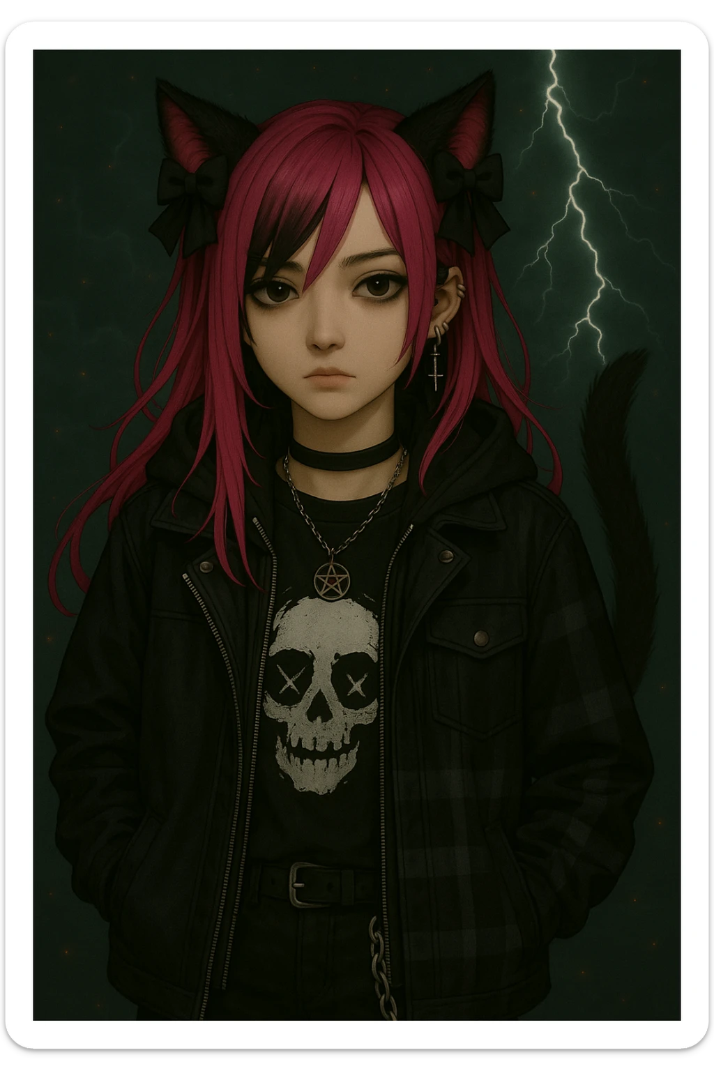 Change the character's outfit to a modern, stylish streetwear look with layered jackets, graphic tee, and accessories, while keeping the emo style, pink hair, dark magical accessory, sparkles, stormy background, and normal face in a realistic anime style. sticker