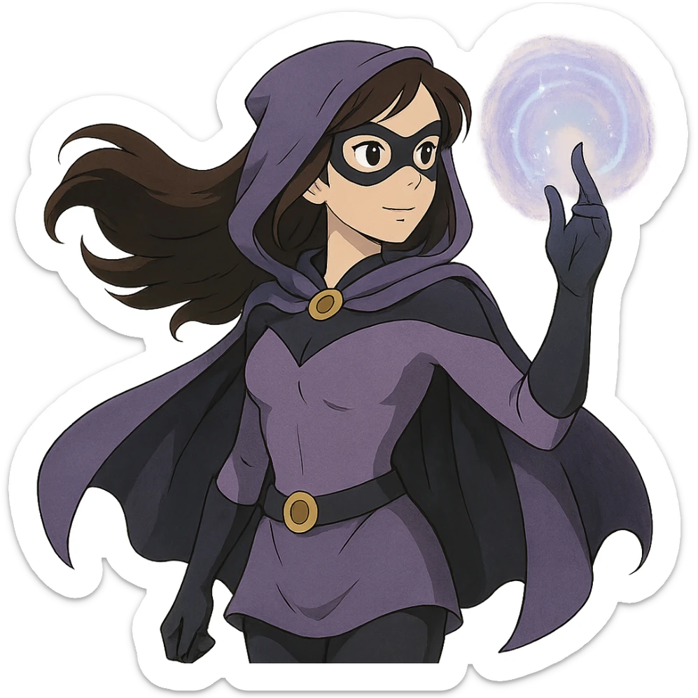 ghibli style superhero woman with soft purple and black costume, magical aura around her hand sticker