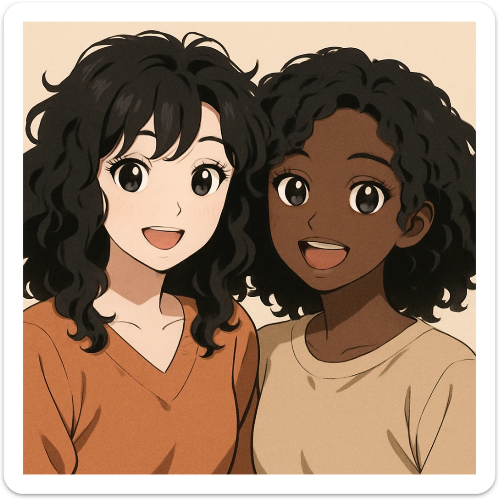 illustration of two women, one with light skin and one with dark skin, both with black curly hair, black eyes, full lips, smiling expression, anime style sticker