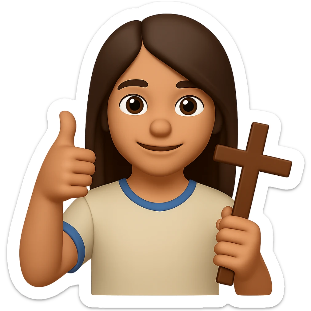 Make the person a boy with long brown hair, holding a cross and giving a thumbs up, in a clean modern emoji style with no background. sticker