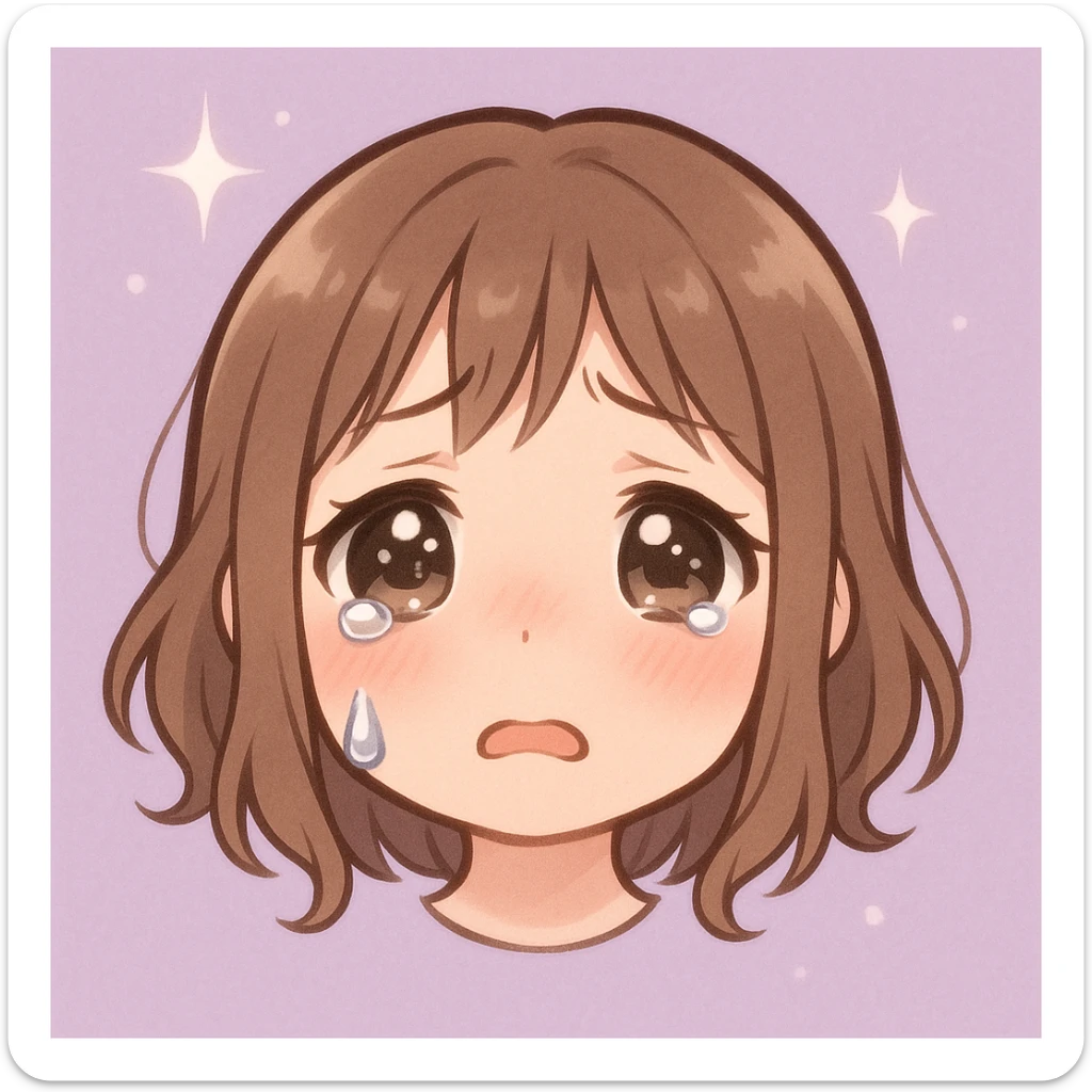 crying anime girl emoji, glossy eyes, one tear, pink cheeks, pastel purple background with sparkles, soft, emotional, sensitive style sticker