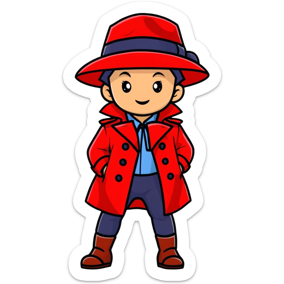 Baby Carmen Sandiego in red trench coat and hat, cute detective sticker