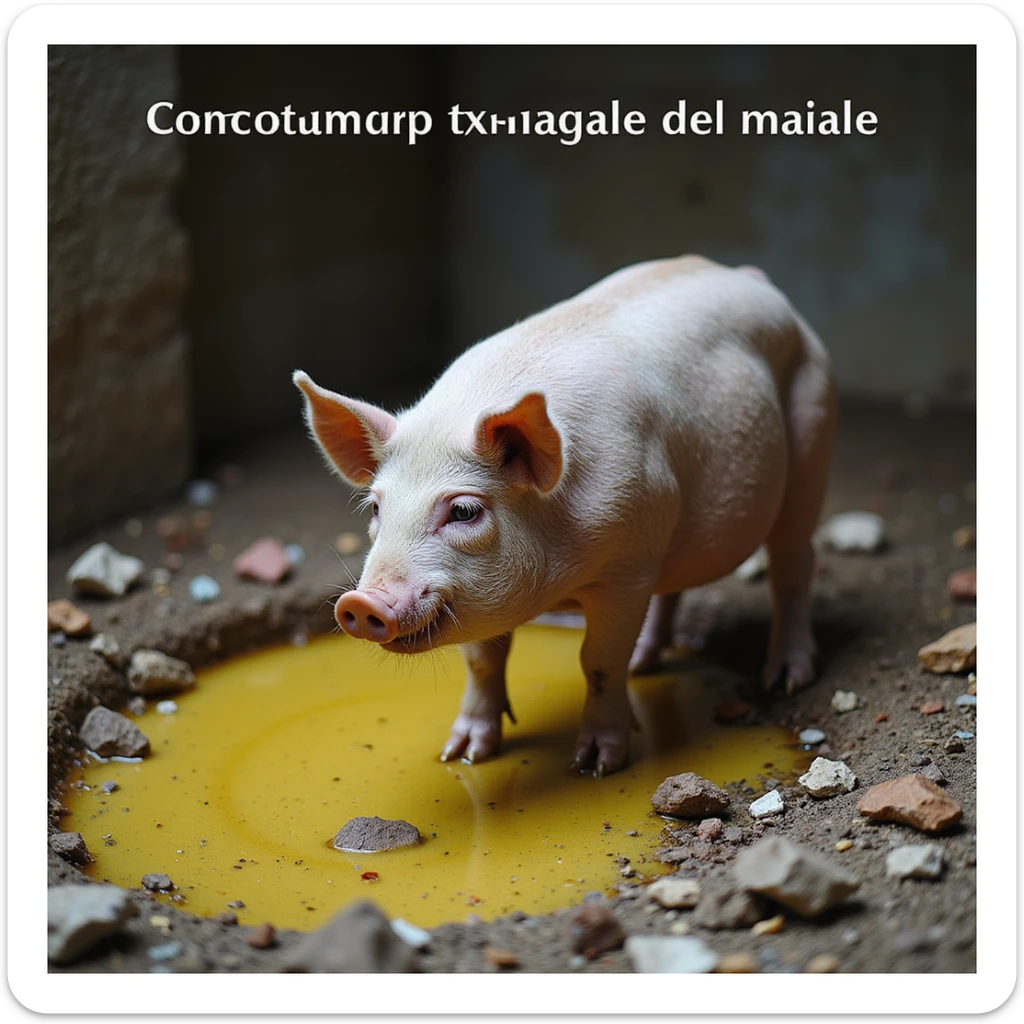 symbolic scene of a pig in a dirty pen surrounded by scraps and a yellow puddle, with Italian text 'Comportamento naturale del maiale', 4K quality sticker