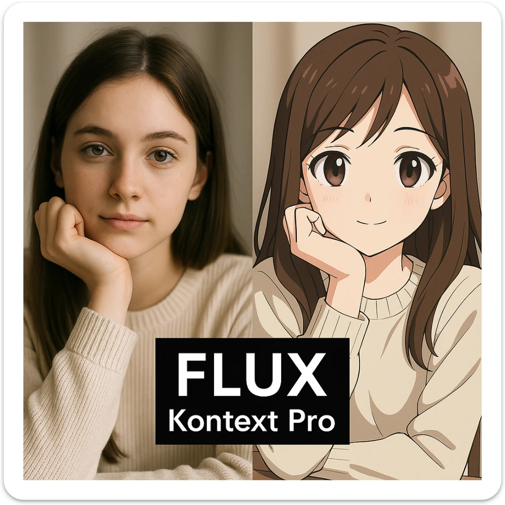 create before after image of a girl before is realsitic photo, after is anime version of her in same pose and clothes, add logo with text of a "FLUX Kontext Pro" sticker