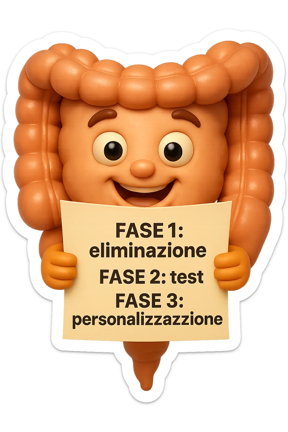 emoji stile iphone 3d di un intestino che tiene in mano un foglio con la scritta "FASE 1: eliminazione, FASE 2: test, FASE 3: personalizzazione, IPERREALISTICO 4K sticker