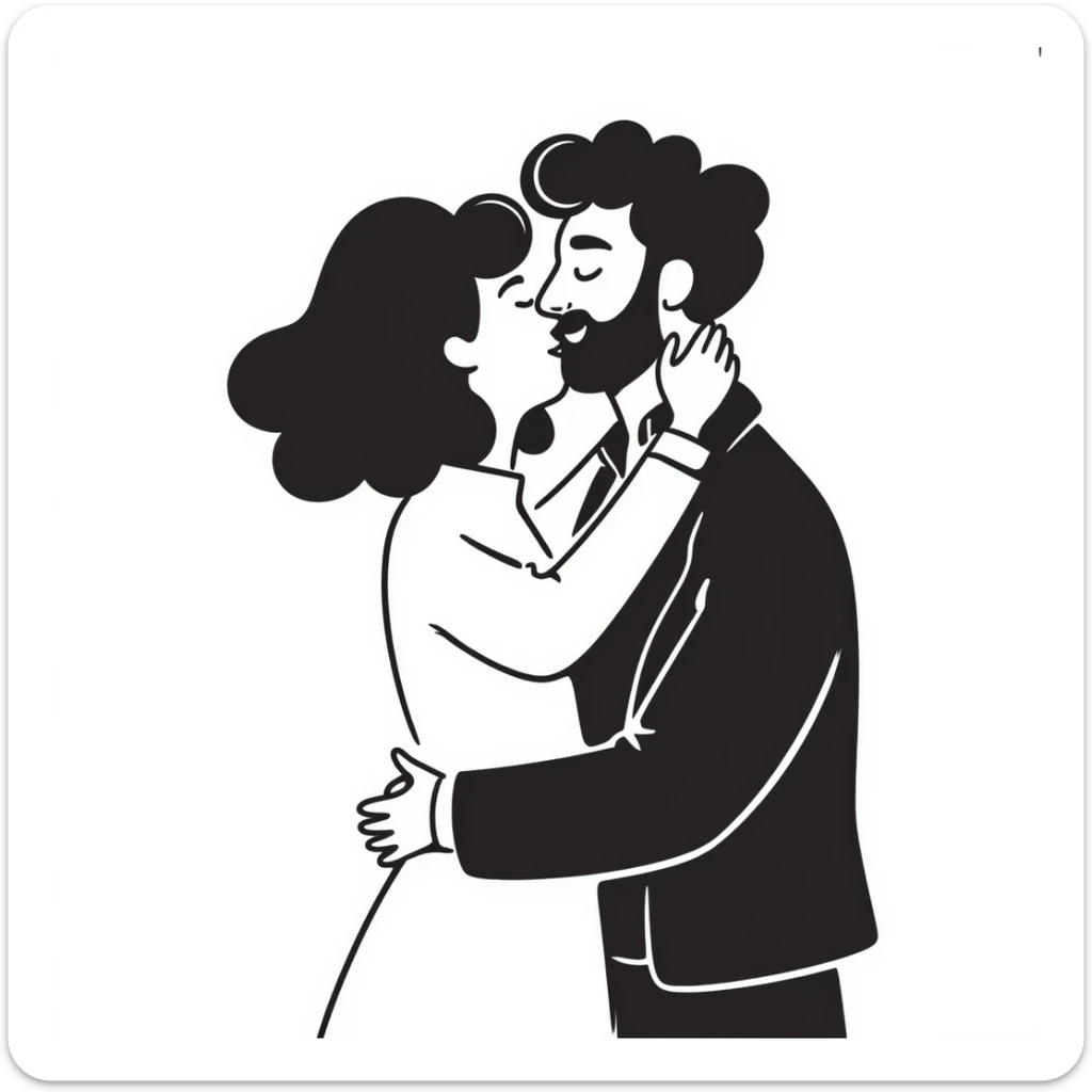 curly haired girl kissing a man with a beard, romantic couple kiss sticker