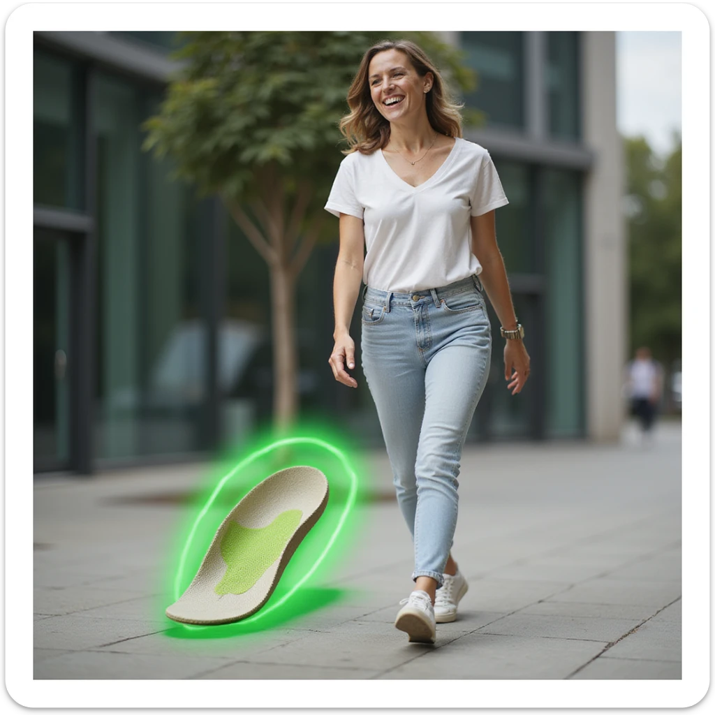 realistic style woman walking with confident step and smile, orthopedic insole in shoe, foot with green halo symbolizing wellness, urban environment sticker
