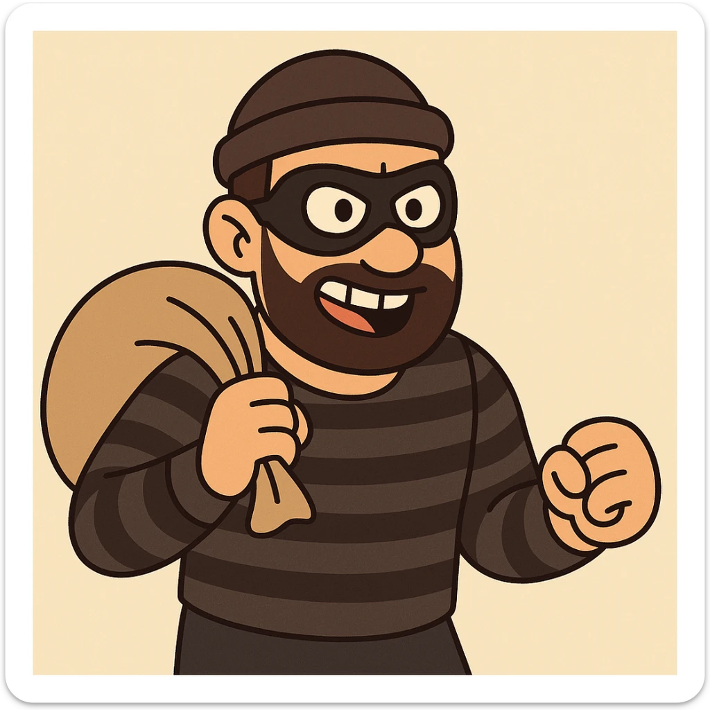 cartoon robber wearing a black eye mask and black striped shirt, simple and bold style sticker