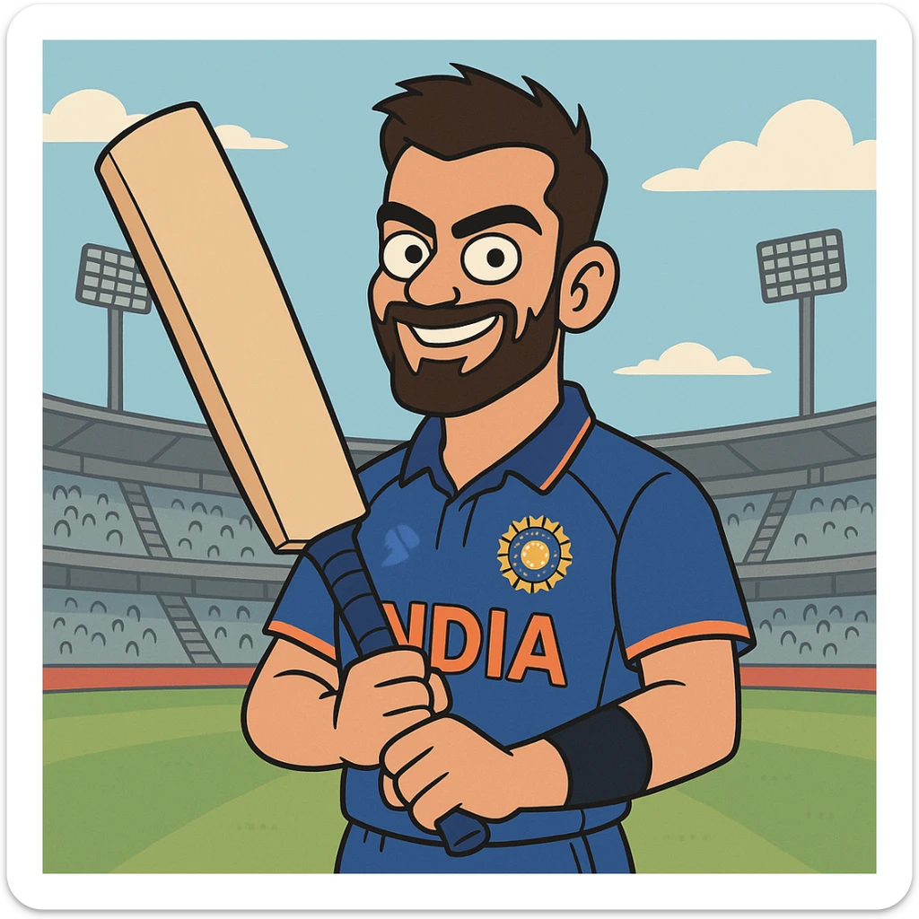 Virat Kohli, cartoon style, holding a cricket bat, confident smile, blue Indian team jersey, stadium background sticker