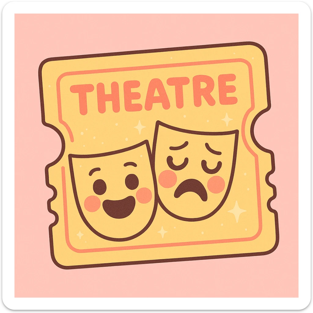 theatre ticket in pastel pink and yellow with subtle sparkles, cute and modern illustration style sticker